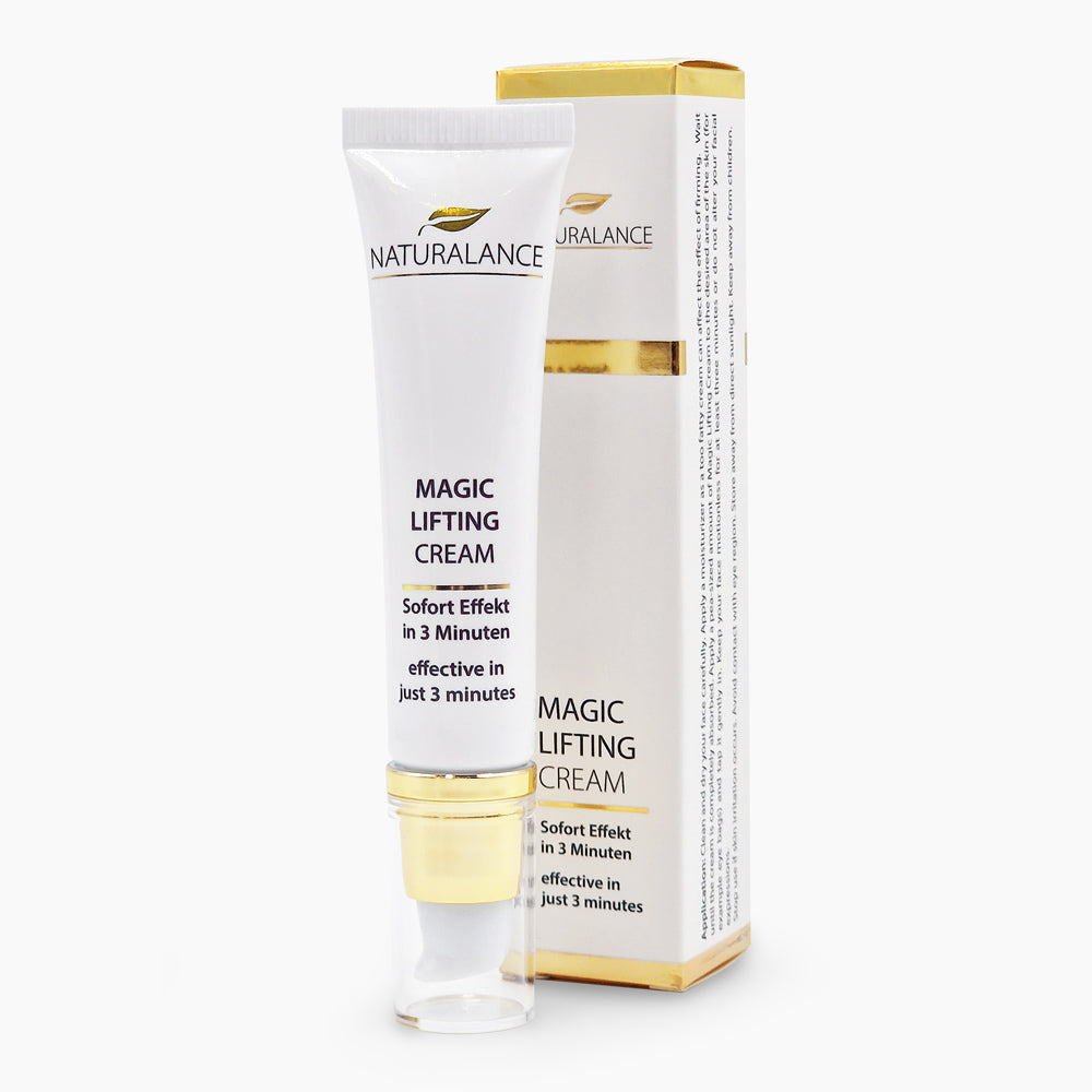 Kosmetiktube Naturalance Magic Lifting Cream mit englisch-deutscher Aufschrift und Spenderfuß