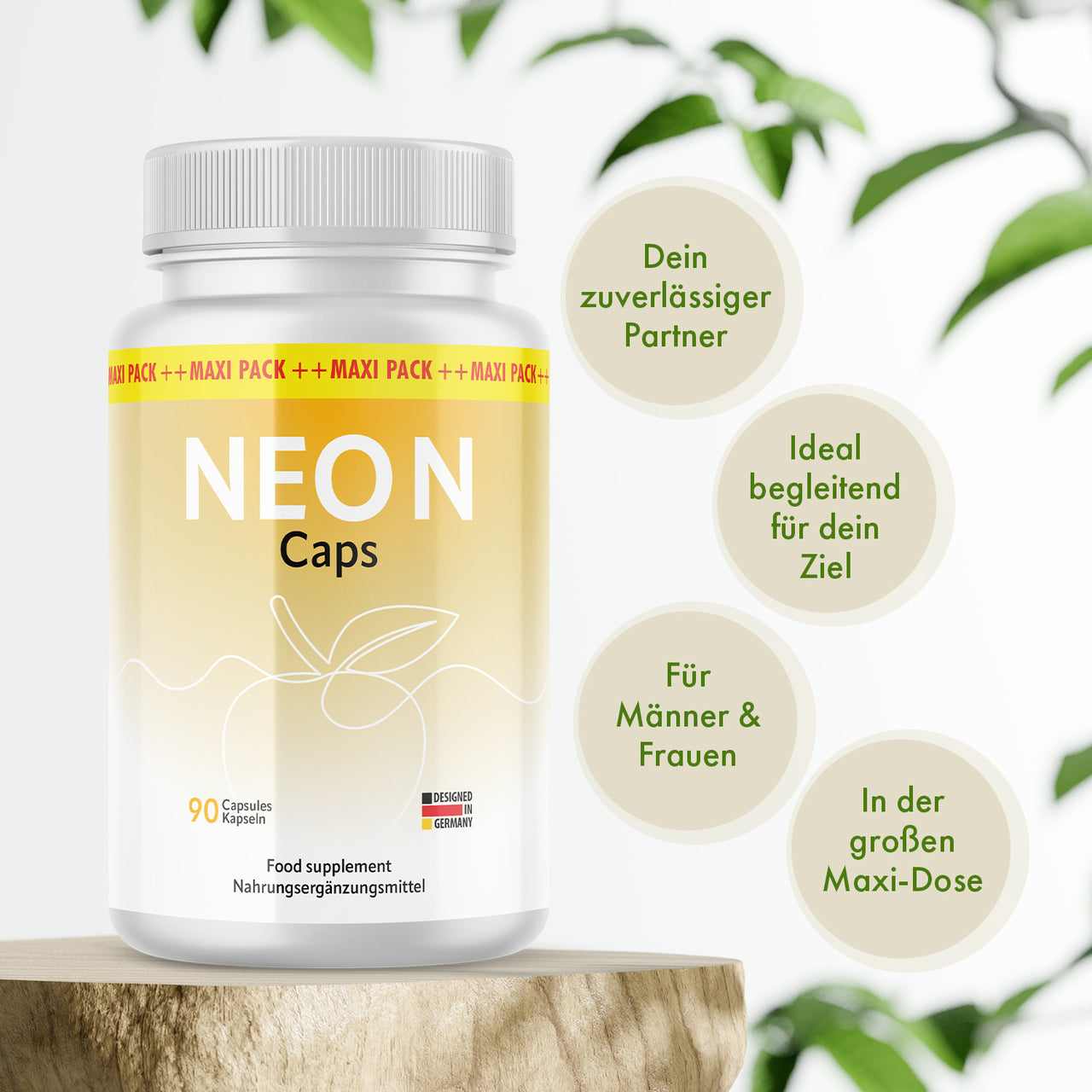 Neo N Caps in weißer Dose auf Holzsockel mit vier Infokreisen und grünen Blättern im Hintergrund