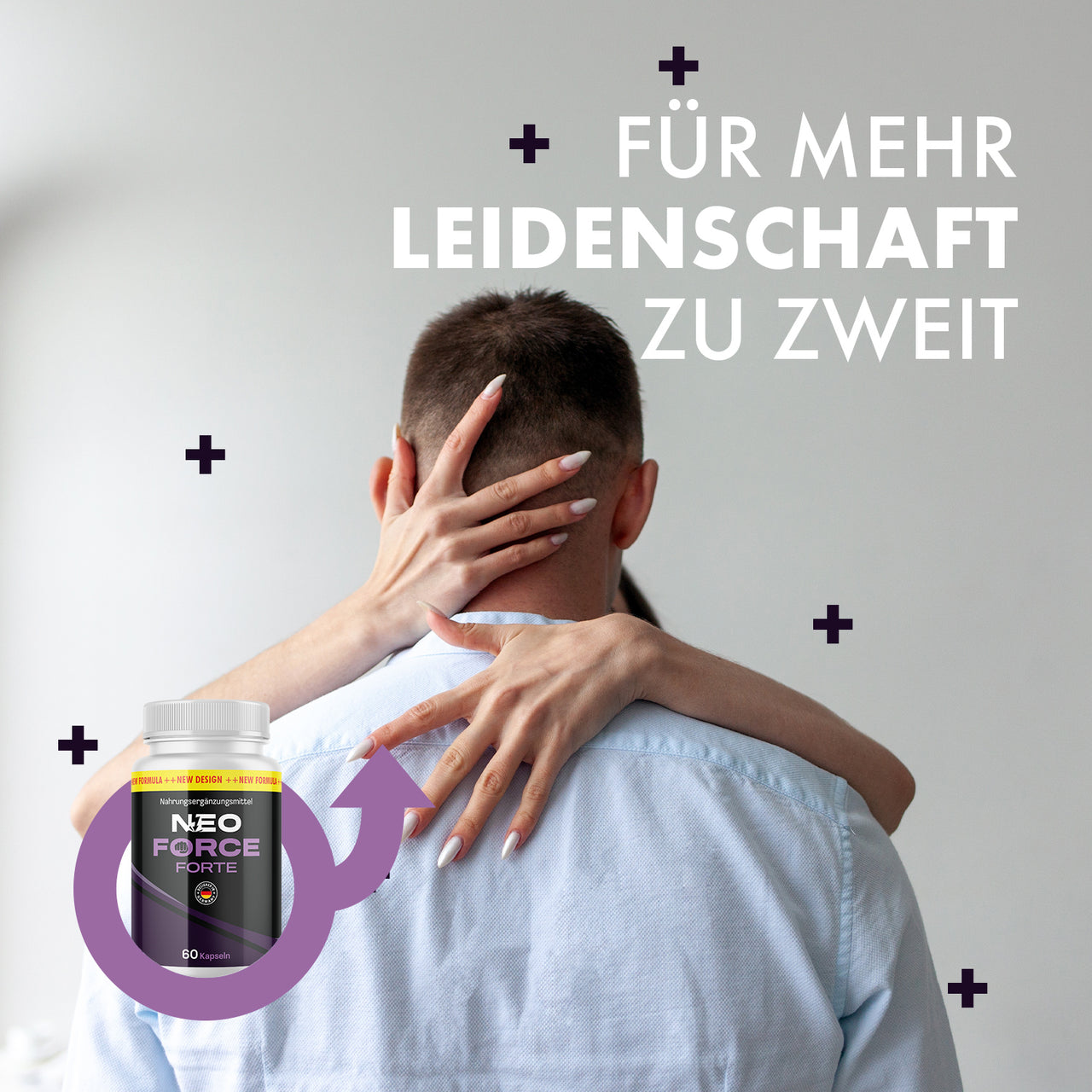 Umarmendes Paar von hinten mit NEO FORCE FORTE Dose und Aufschrift Für mehr Leidenschaft zu zweit