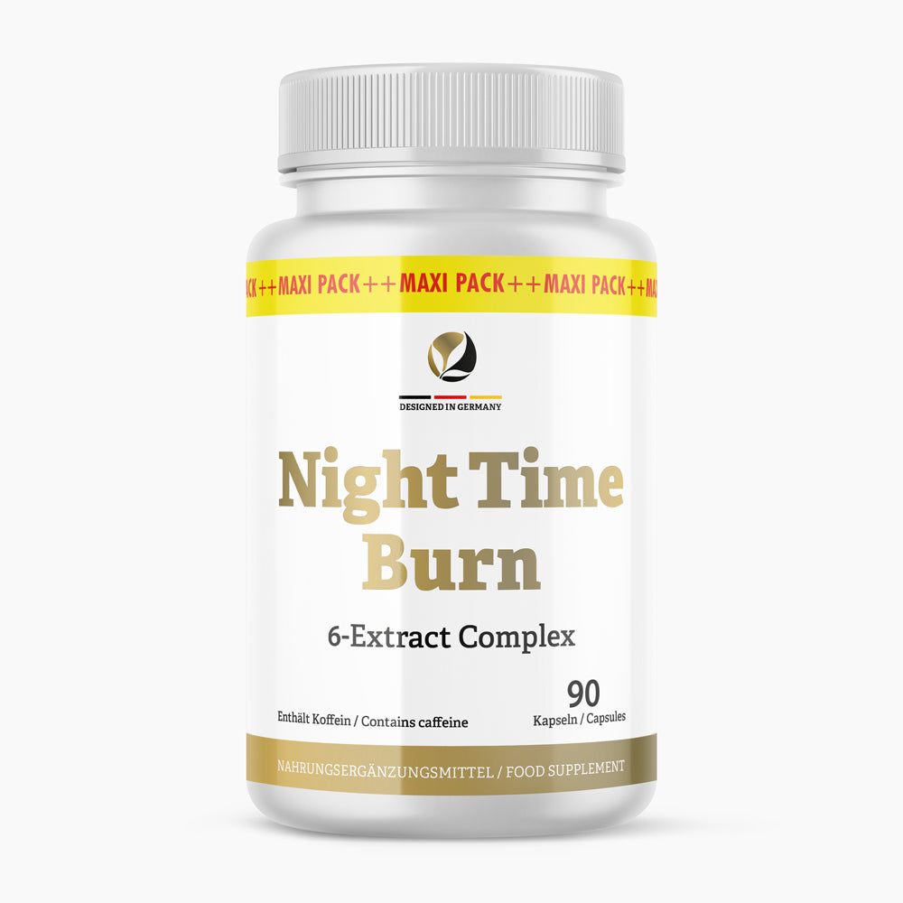 Weiße Kunststoffdose mit goldener Aufschrift Night Time Burn und 6-Extract Complex, 90 Kapseln