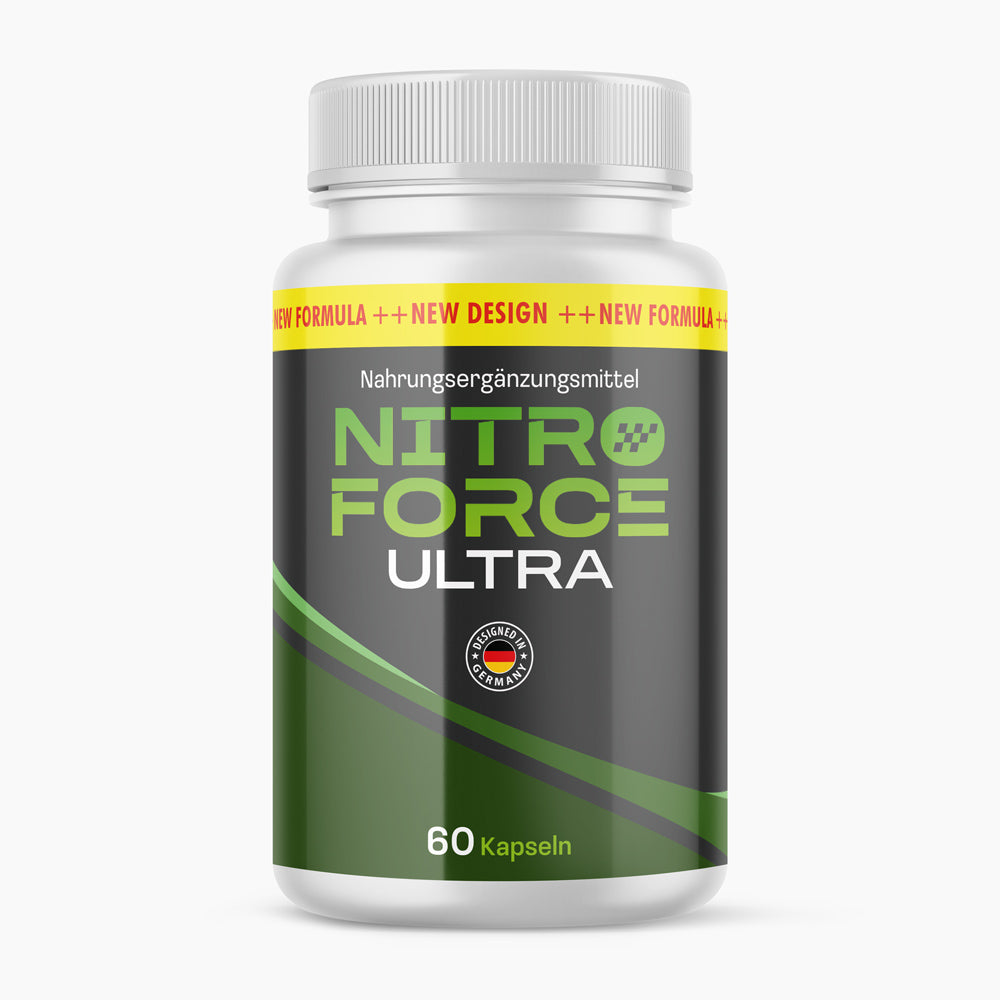 Produktdose NITRO FORCE ULTRA als Nahrungsergänzungsmittel mit 60 Kapseln und grünem Etikett
