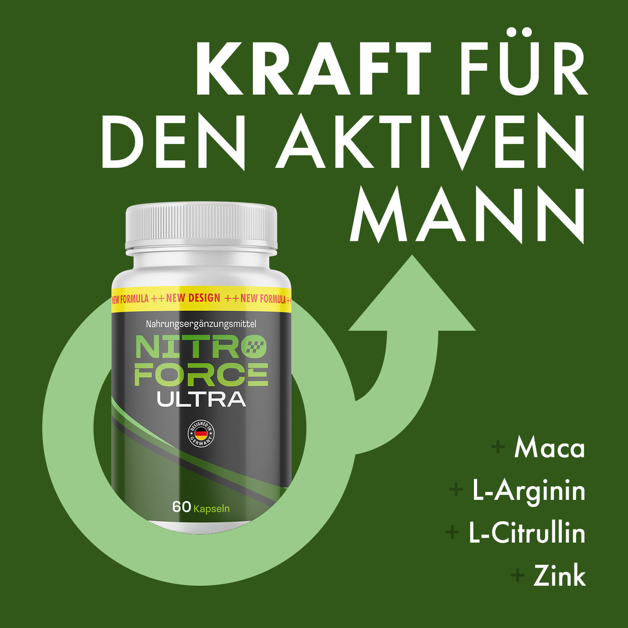 Dose NITRO FORCE ULTRA unter dem Text Kraft für den aktiven Mann mit Maca, L-Arginin und L-Citrullin