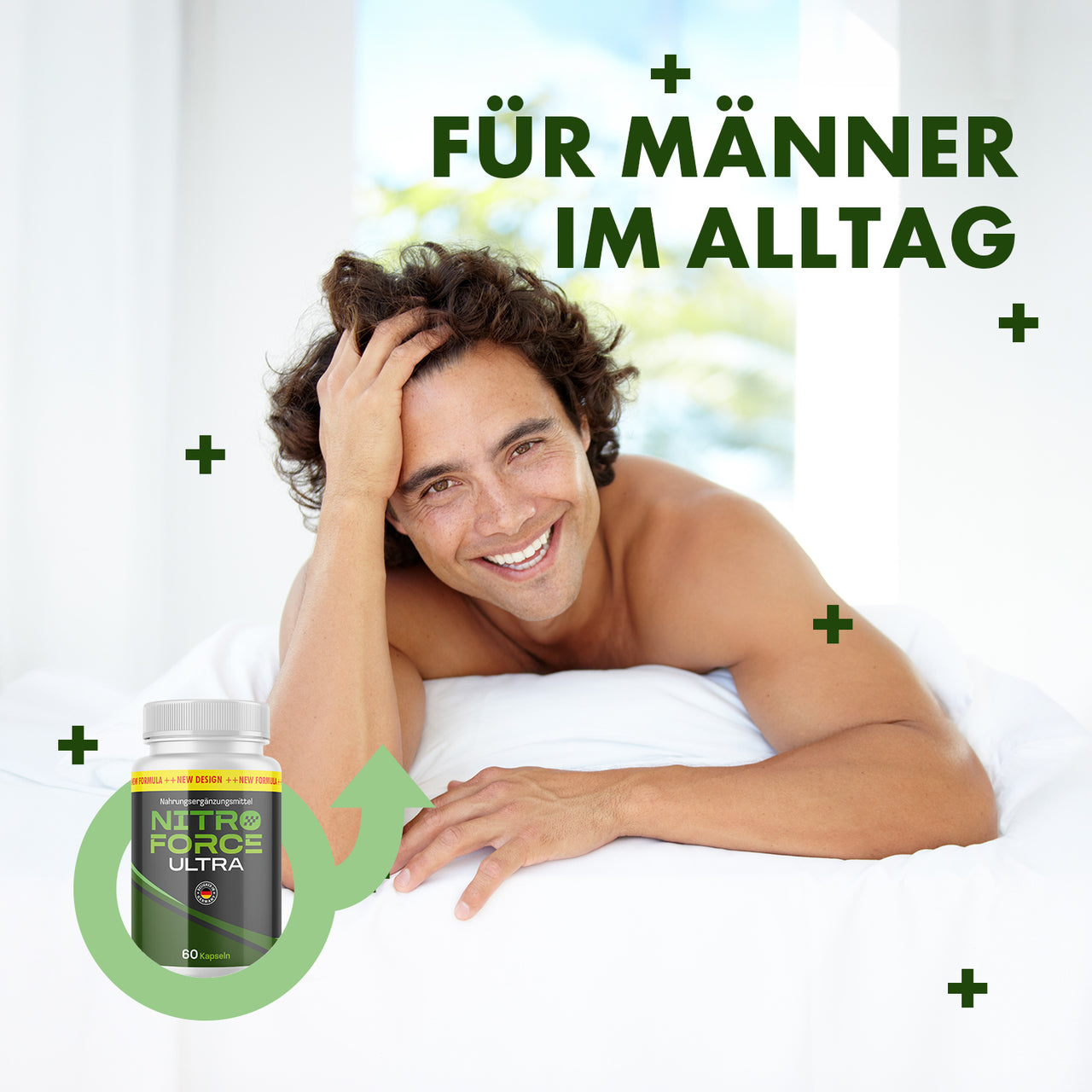 Lächelnder Mann liegt auf weißem Bett, daneben NITRO FORCE ULTRA Dose und Text Für Männer im Alltag