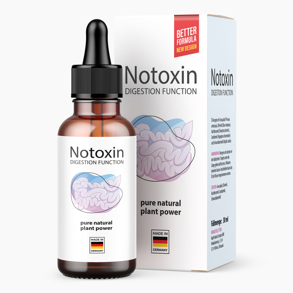Braune Flasche mit Pipette und weißem Etikett Notoxin Digestion Function 30 ml vor passender Faltschachtel