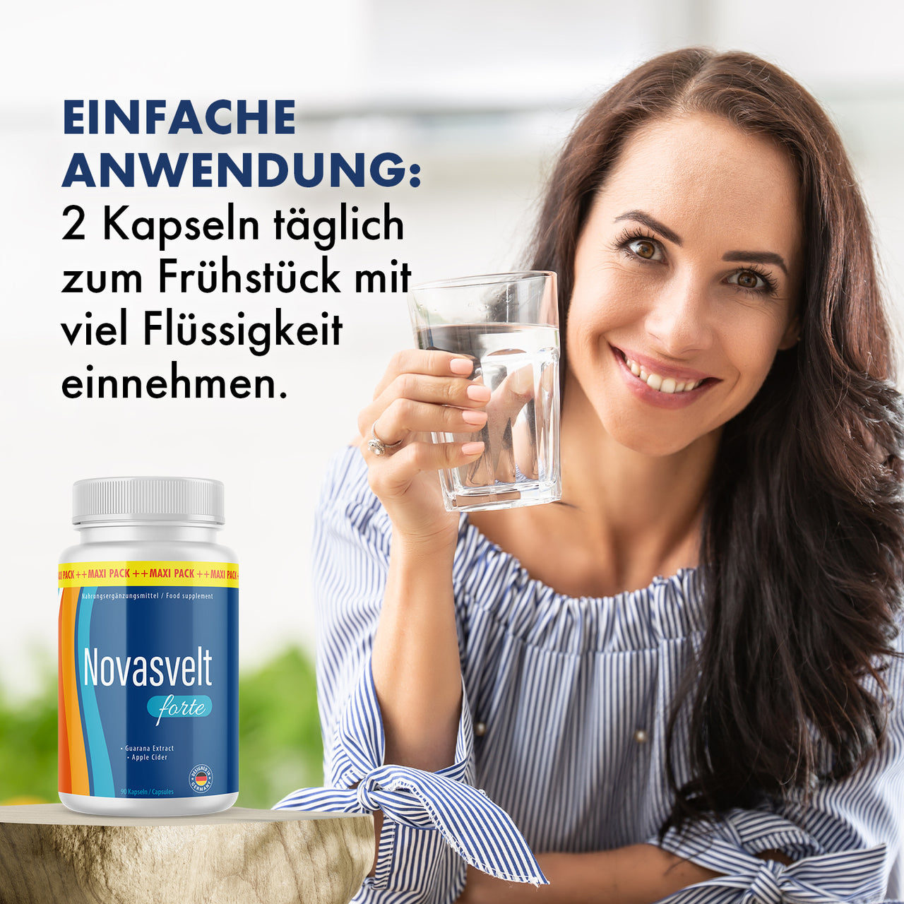 Frau hält Wasserglas neben Dose Novasvelt forte und sichtbarem Einnahmehinweis oben links im Bild