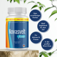 Thumbnail for Dose Novasvelt forte auf Holz mit blauem Etikett, vier blauen Infokreisen und grünen Blättern