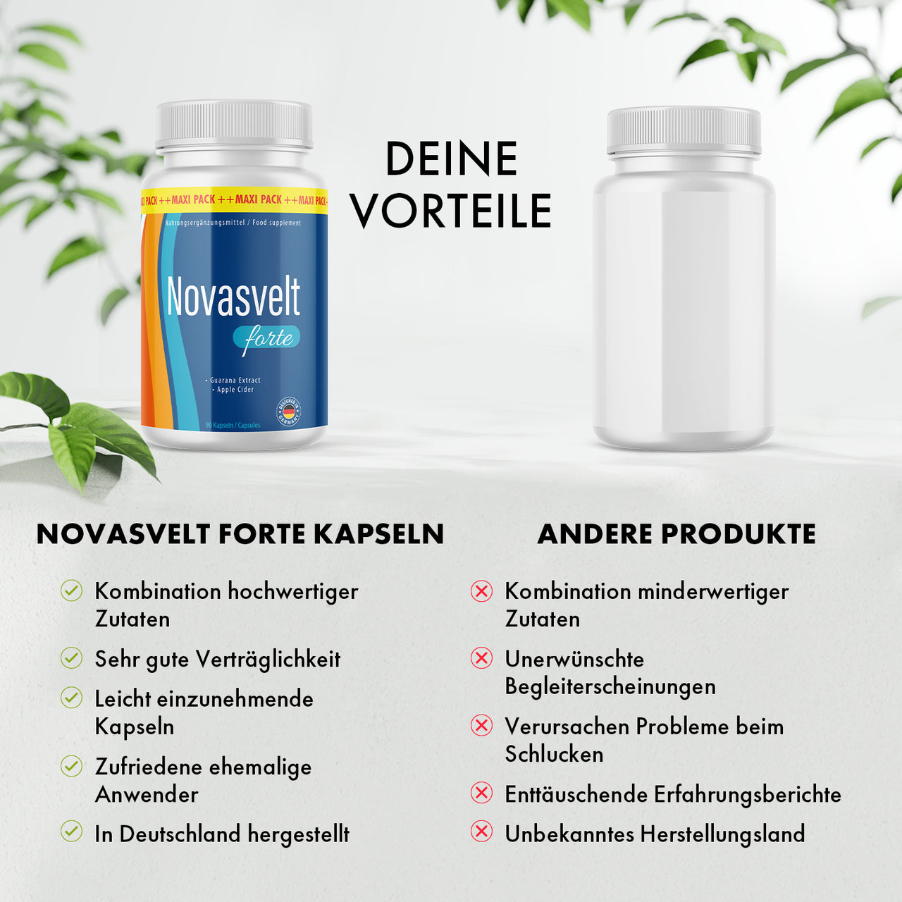 Vergleich von Novasvelt forte Kapseln Dose und neutraler Dose mit Bewertungslisten und Symbolen