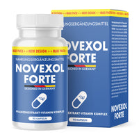 Thumbnail for Weiße Kunststoffdose Novexol Forte mit 90 Kapseln vor passender Faltschachtel