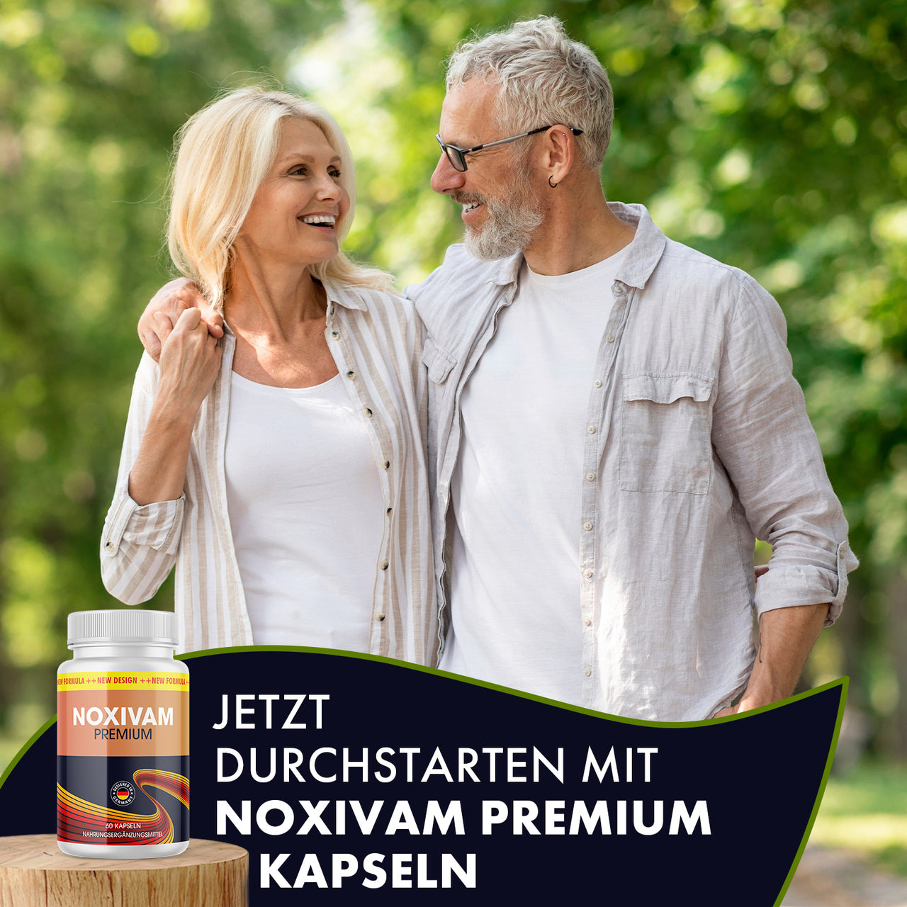 Älteres Paar im Grünen neben Noxivam Premium Kapseln und dem Werbetext „Jetzt durchstarten“