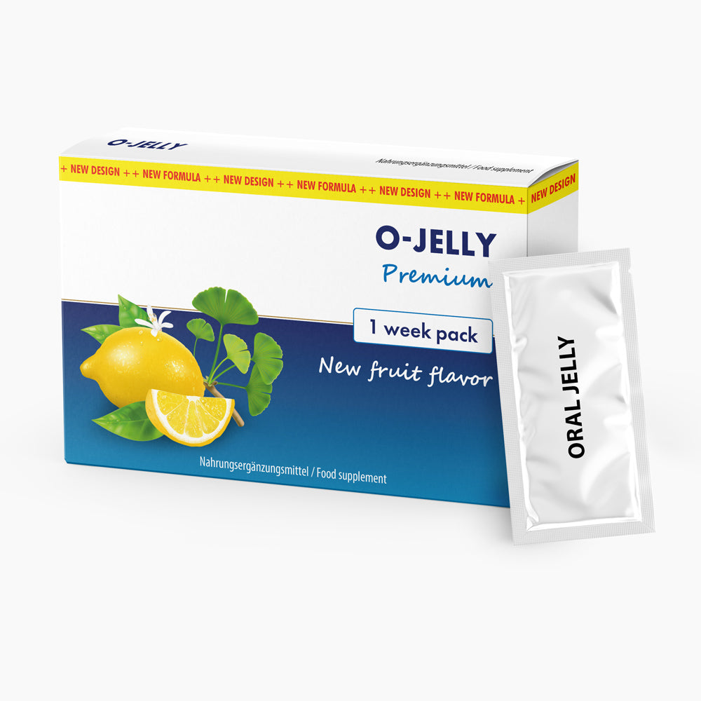 Einzelnes Sachet Oral Jelly mit grafischer Einnahmeanleitung vor Faltschachtel mit Zitronenabbildung