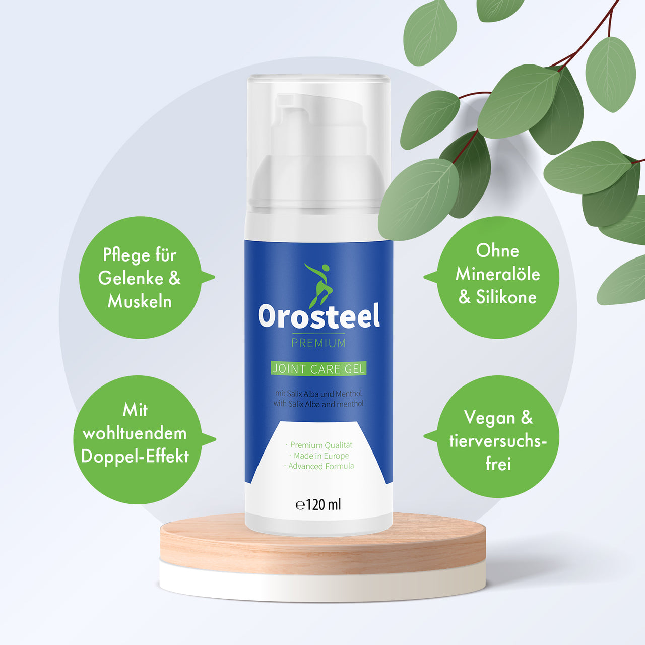 Orosteel Premium Joint Care Gel auf Podest mit grünen Hinweisen zu veganer Gelenk- und Muskelpflege