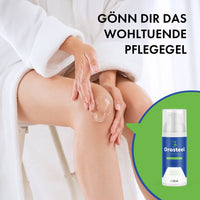 Thumbnail for Person trägt Gel auf das Knie auf, daneben Orosteel Produktabbildung mit Werbeaussage zum Pflegegel