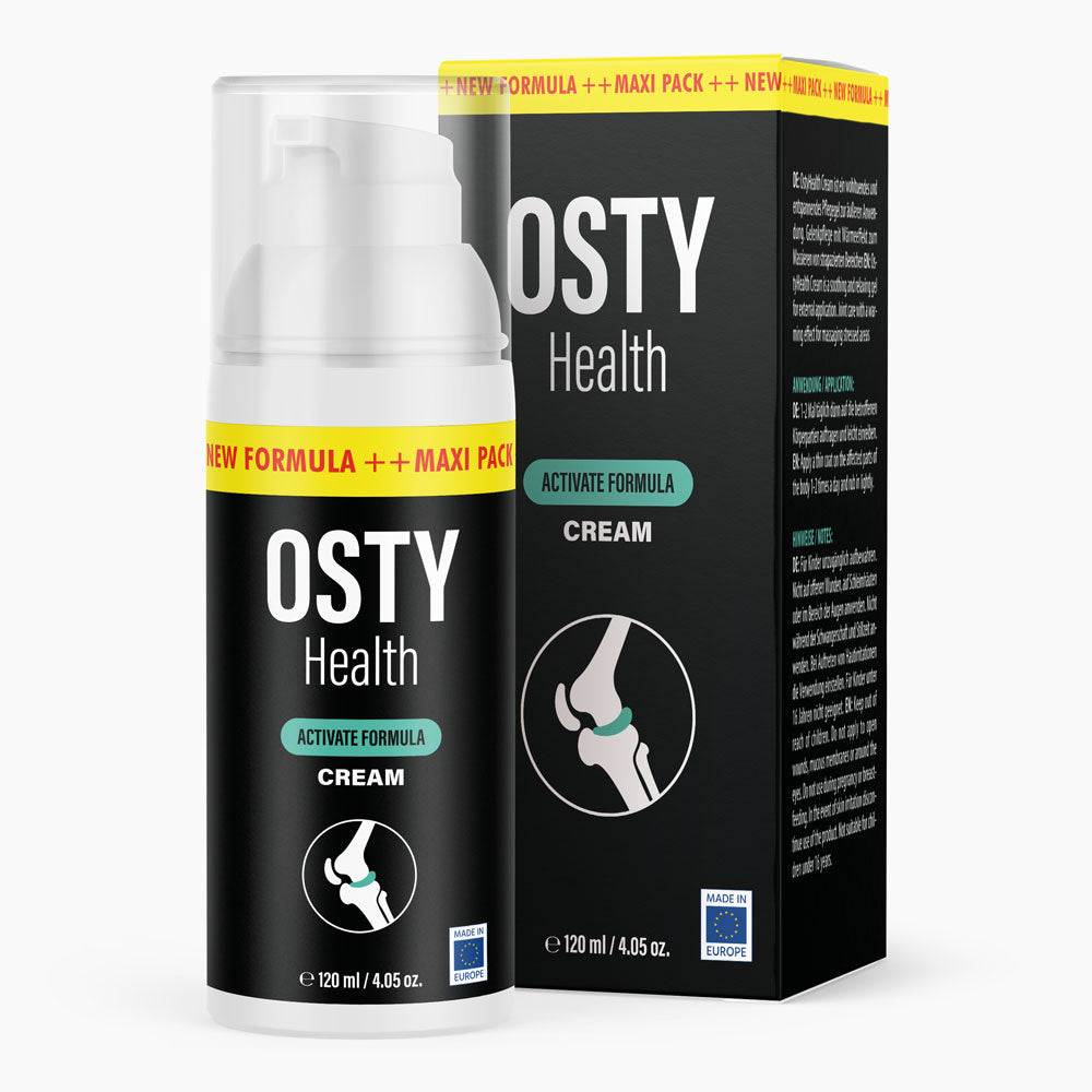 Flasche mit Pumpspender und Schrift Osty Health, 120 ml, schwarzes Etikett mit grafisch dargestelltem Gelenk