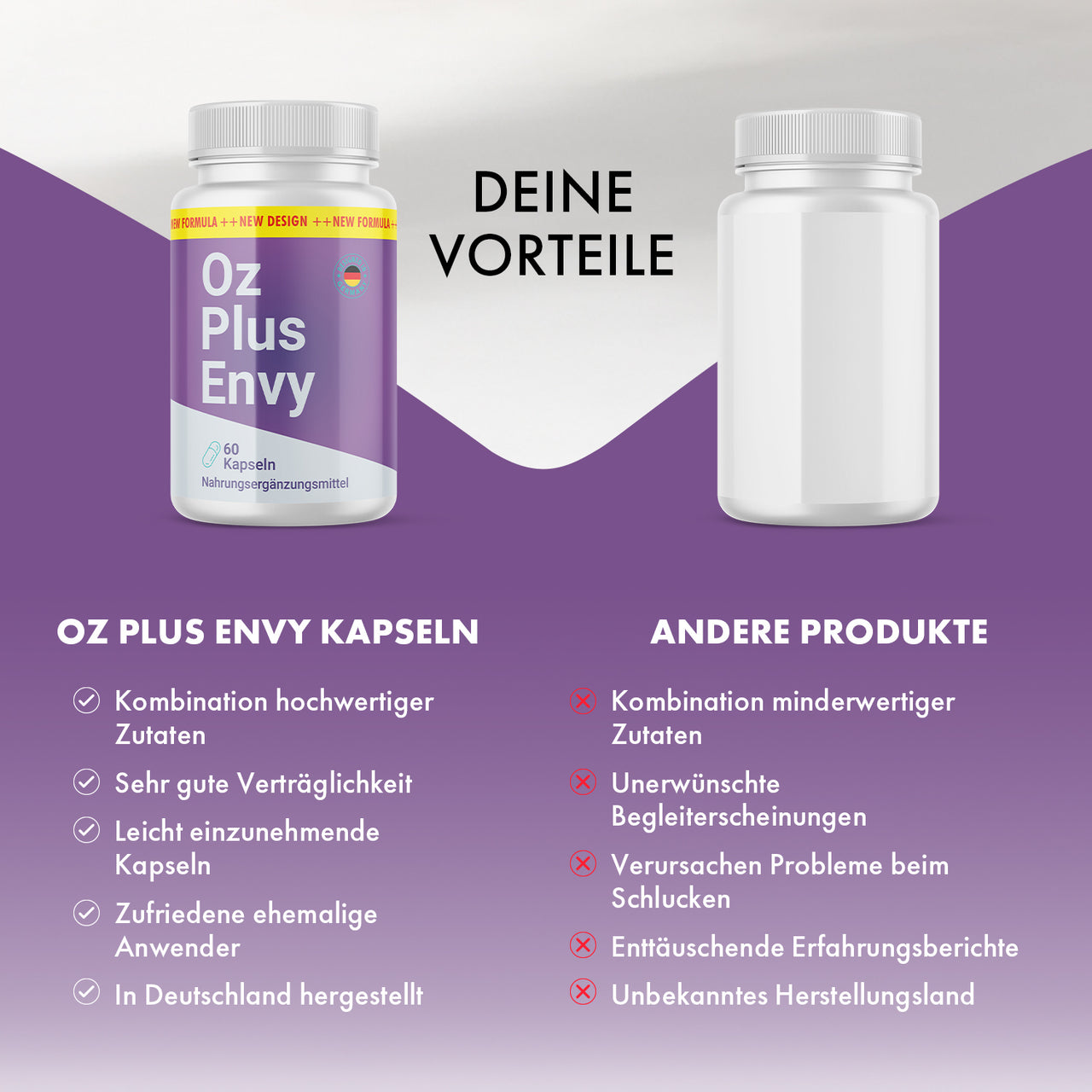 Werbegrafik vergleicht OZ Plus Envy Kapseln mit anderen Produkten und hebt eigene Vorteile hervor