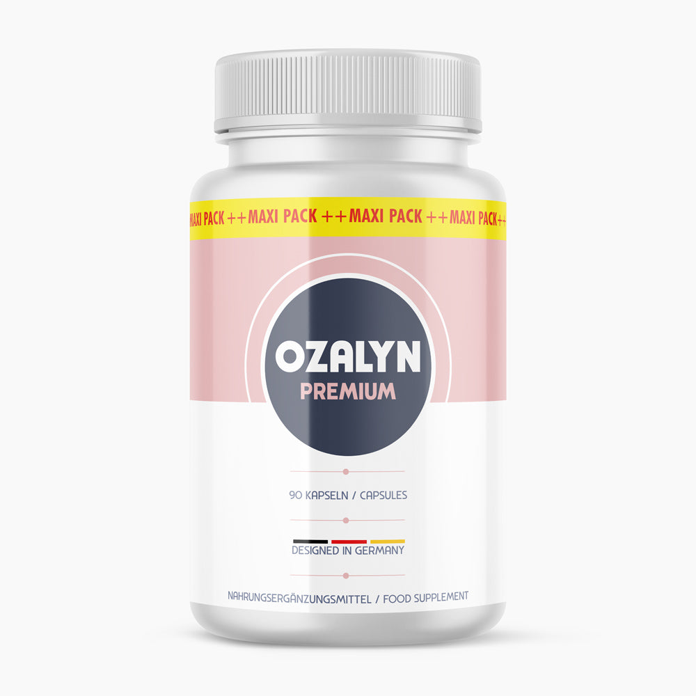 Weiße Dose Ozalyn Premium mit rosa Etikett, Maxi-Pack-Band und Angabe von 90 Kapseln sichtbar