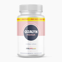 Thumbnail for Weiße Dose Ozalyn Premium mit rosa Etikett, Maxi-Pack-Band und Angabe von 90 Kapseln sichtbar