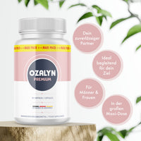 Thumbnail for Ozalyn Premium in weißer Dose mit vier Infokreisen zu Produktmerkmalen und 90 Kapseln sichtbar