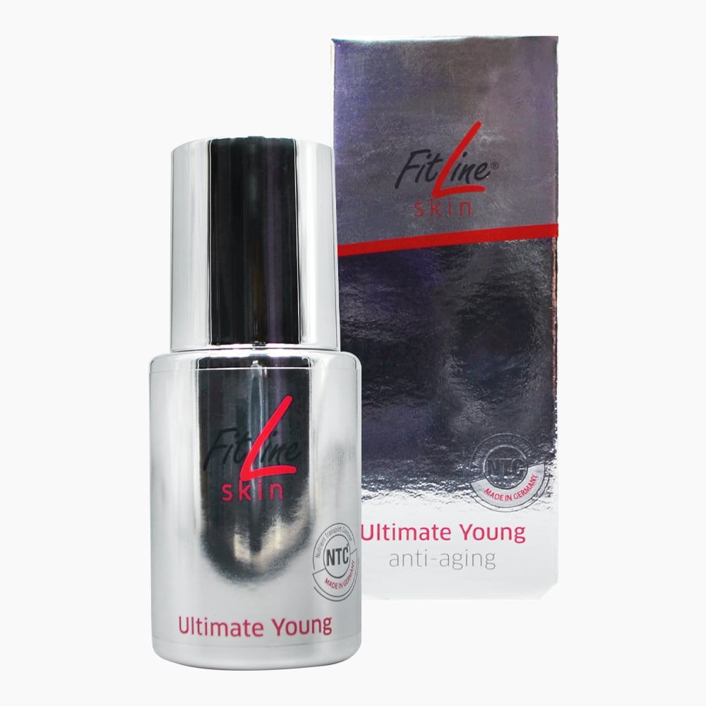 Silberne Flasche mit Aufschrift Ultimate Young FitLine skin 15 ml vor passender Faltschachtel