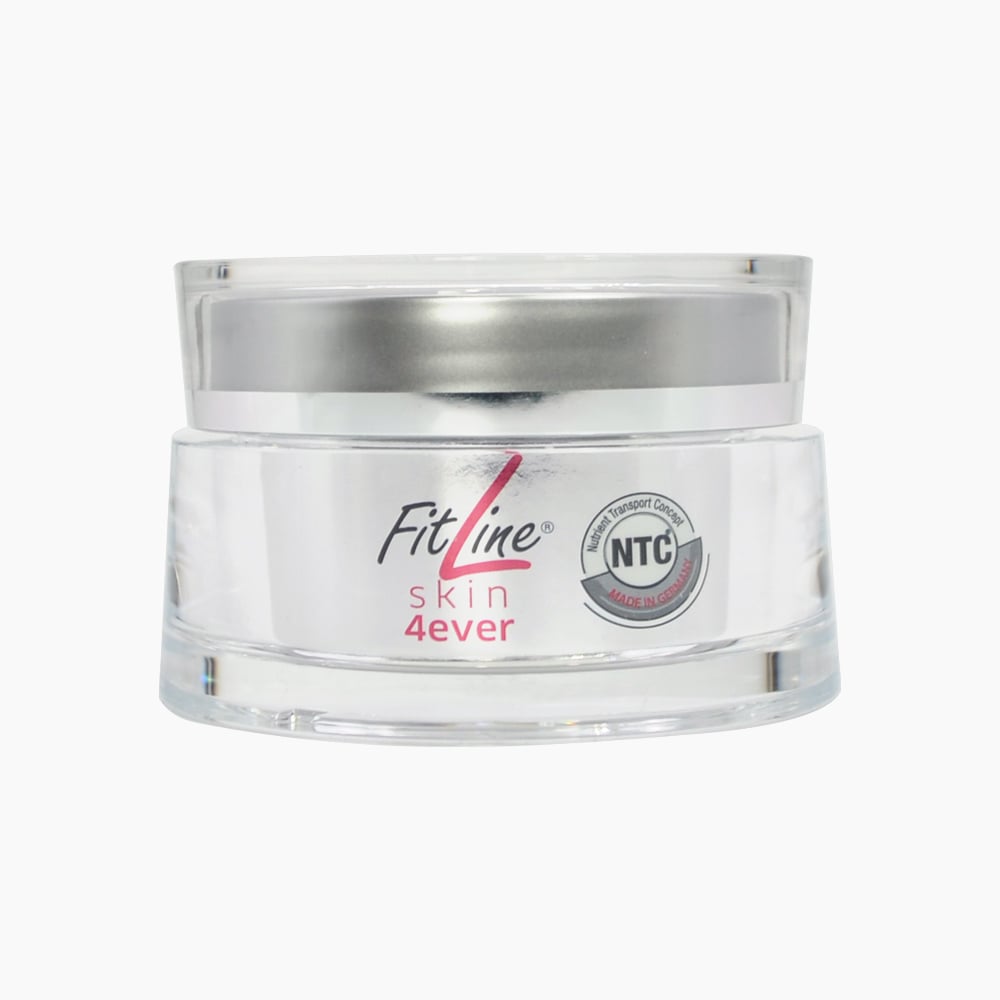 Tiegel mit silbernem Deckel, transparenter Verpackung und Schrift FitLine skin 4ever, 50 ml
