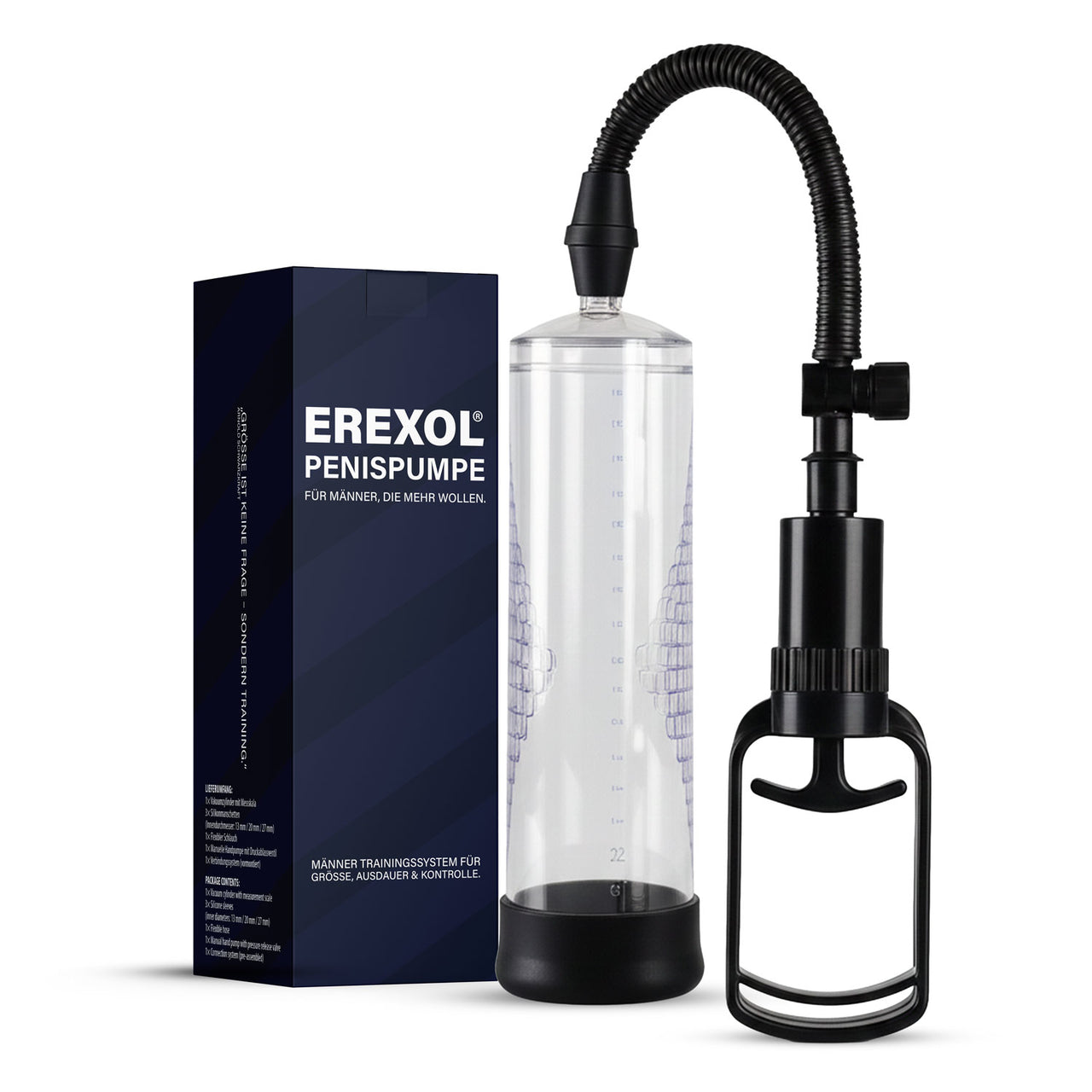 Transparenter Vakuumzylinder mit Messskala, schwarzer Schlauch und Pumpe, Verpackung EREXOL