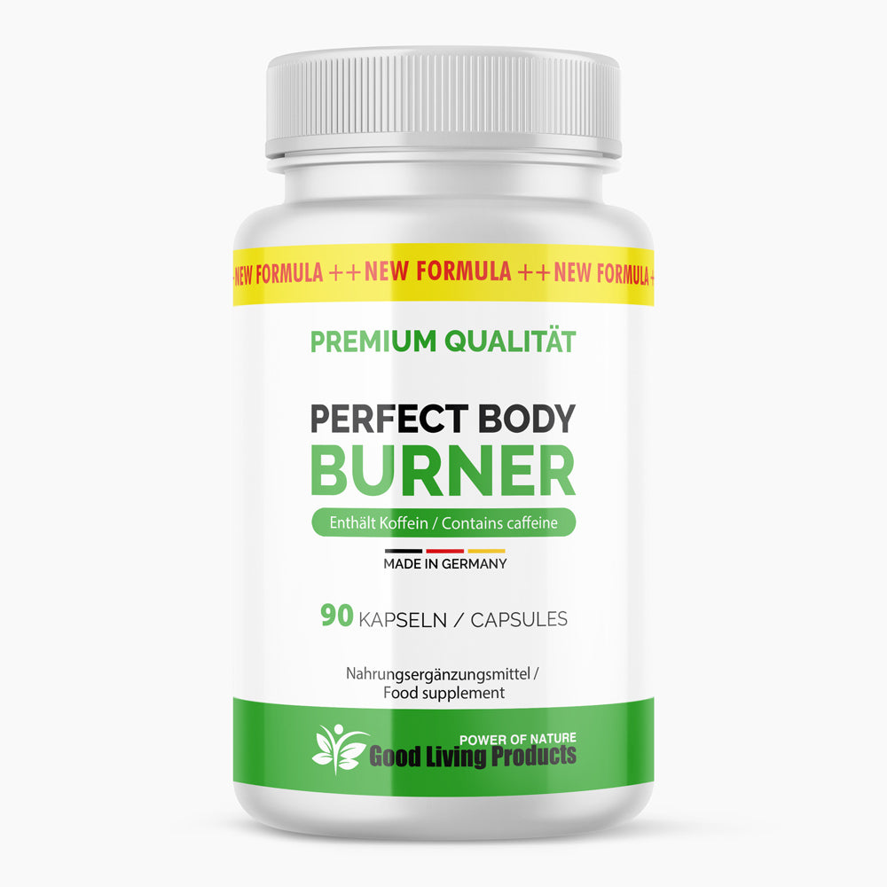 Weiße Dose mit Schrift PERFECT BODY BURNER, grünem Deckel, 90 Kapseln, Made in Germany