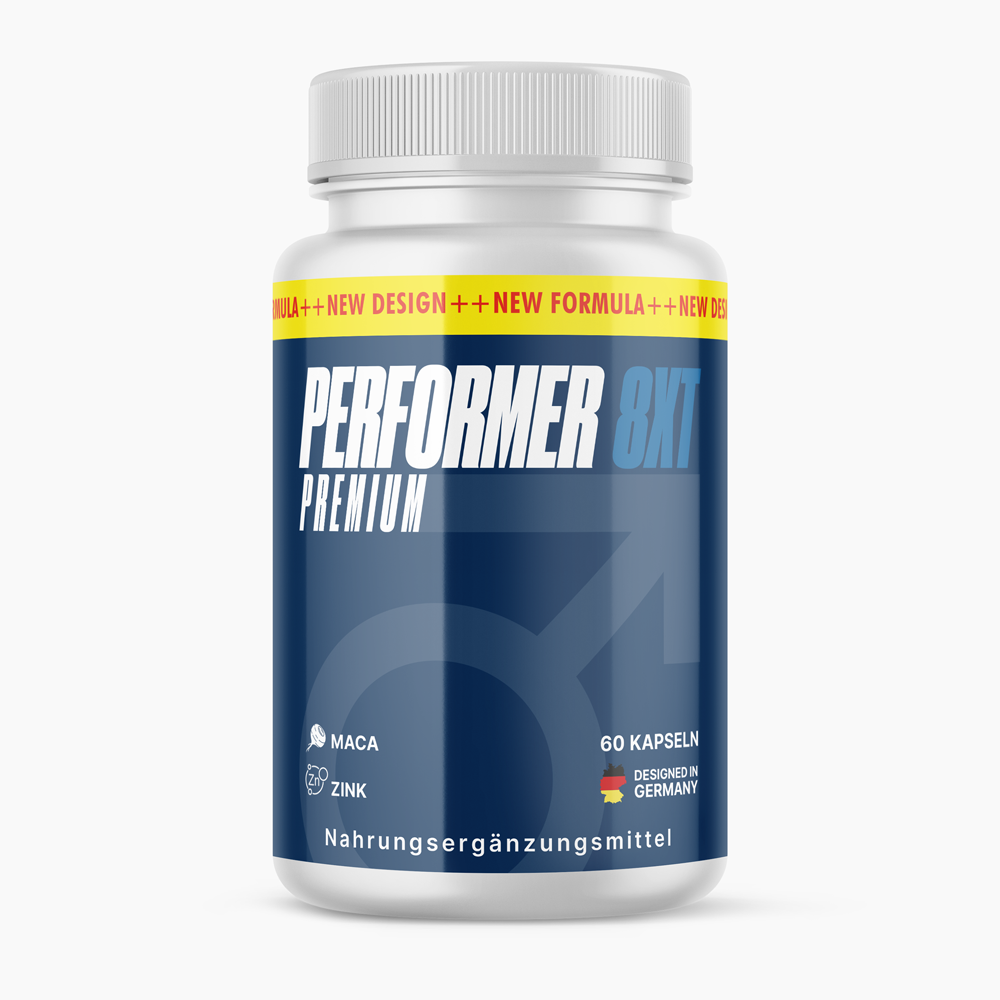 Weiße Kunststoffdose Performer 8XT Premium mit blauem Etikett und 60 Kapseln