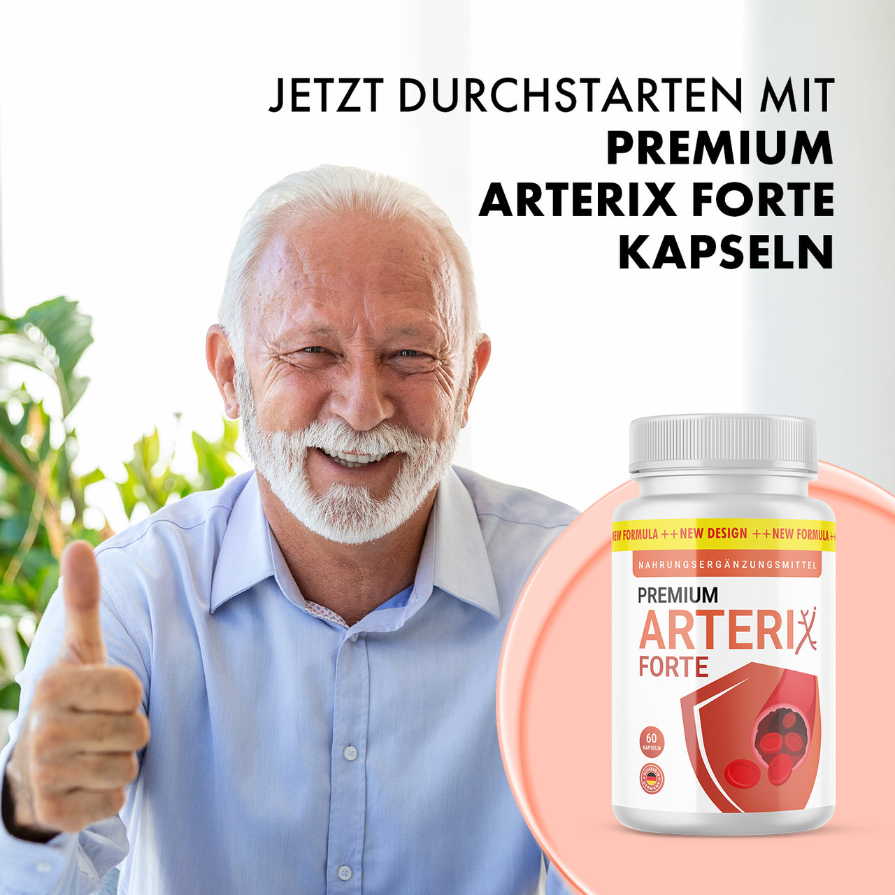 Grafik mit Mann, Daumen hoch, Produktdose und Text Premium Arterix Forte Kapseln
