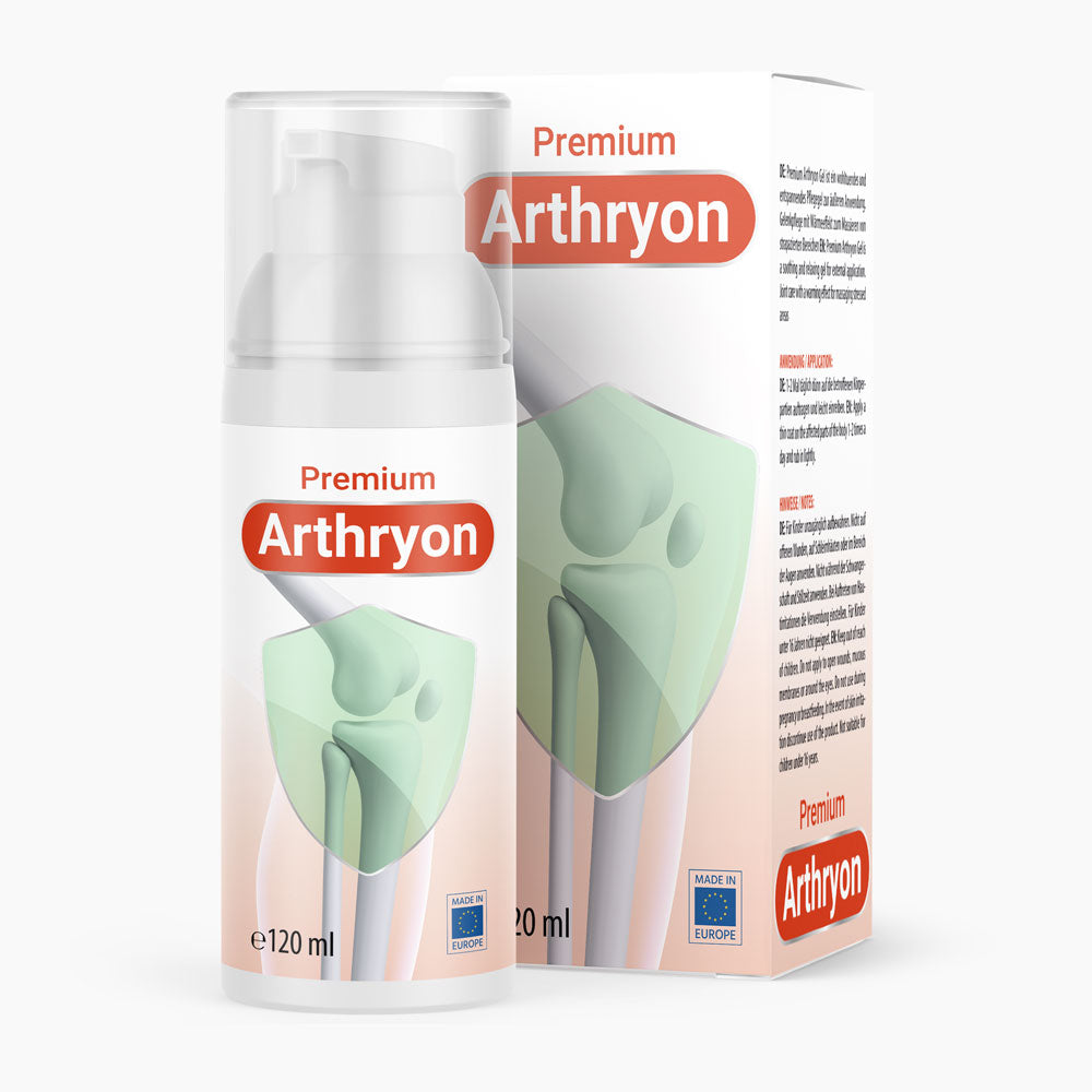 Arthryon Premium 120 ml mit Pumpspender und Verpackung, sichtbar mit Gelenk-Grafik vorne links