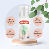 Thumbnail for Arthryon Premium 120 ml Dose mit Pumpspender, Infokreisen und grünen Blättern im Hintergrund