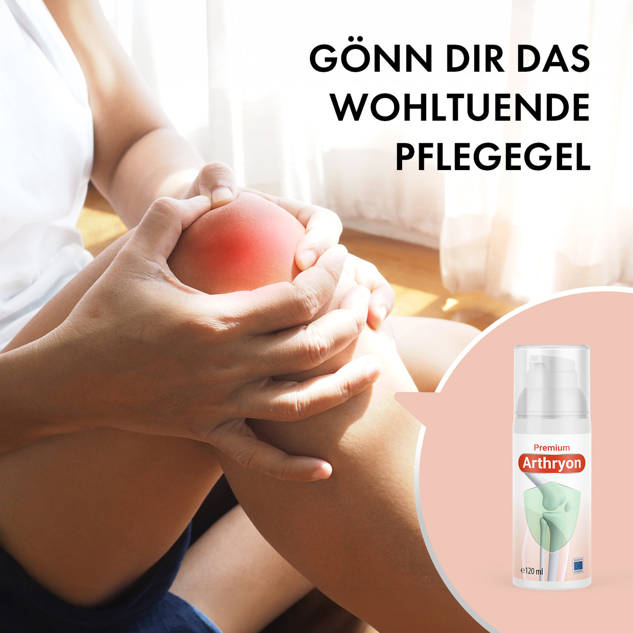 Person umfasst ein gerötetes Knie, rechts Arthryon Premium Dose und Text zu wohltuendem Pflegegel