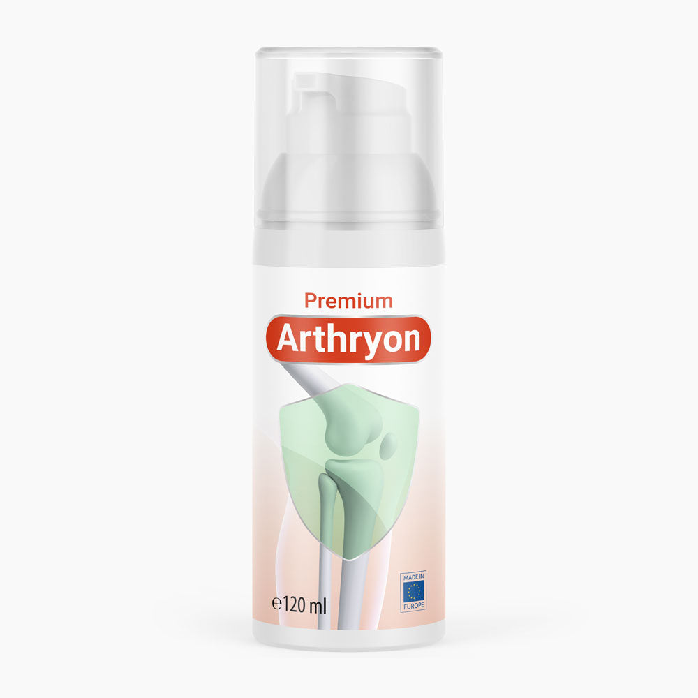 Arthryon Premium 120 ml Dose mit Pumpspender, Gelenk-Grafik und schlicht hellem Hintergrund