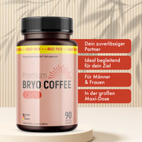 Thumbnail for Bryo Coffee Caps Dose auf Podest mit schwarzem Deckel, rosa Etikett und roten Infopunkten im Bild