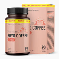 Thumbnail for Premium Bryo Coffee Caps Dose vor passender Packung mit gelbem Maxi-Pack-Banner und 90 Kapseln
