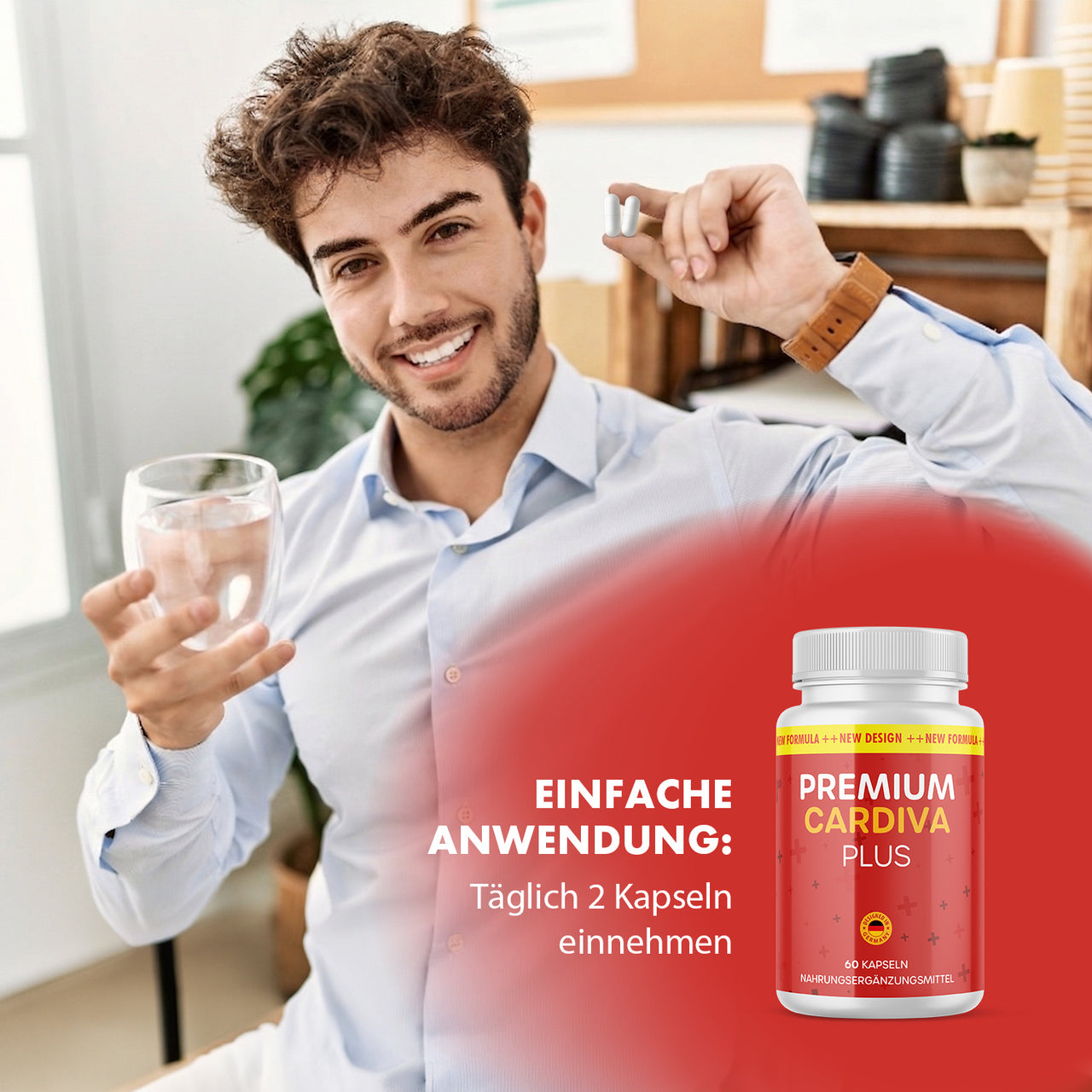 Mann mit Wasserglas und Kapsel, Premium Cardiva Plus und Anwendungstext