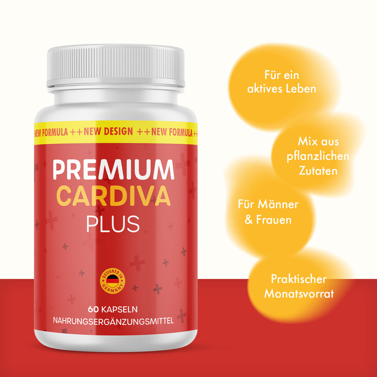 Dose Premium Cardiva Plus mit vier gelben Textkreisen auf rotem und grauem Hintergrund