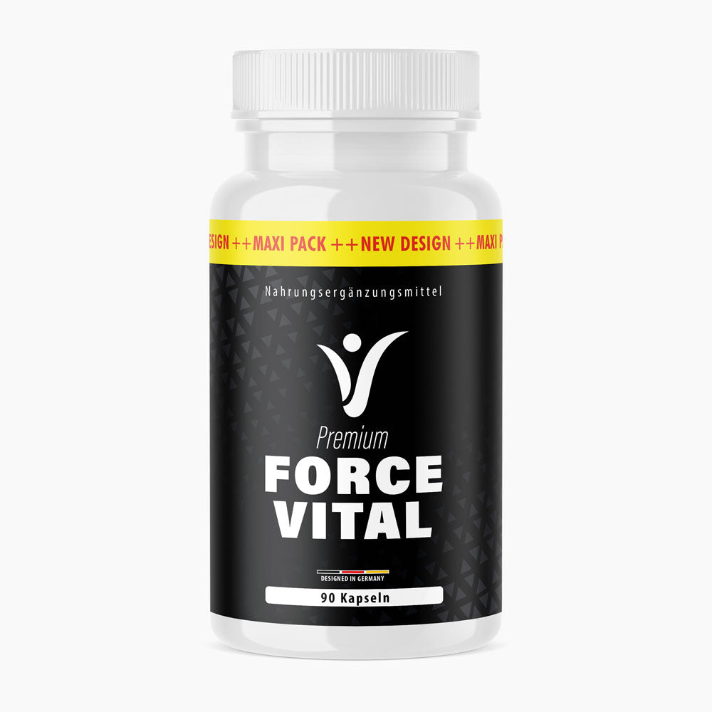 Weiße Kunststoffdose mit schwarzem Etikett Force Vital Premium und 90 Kapseln