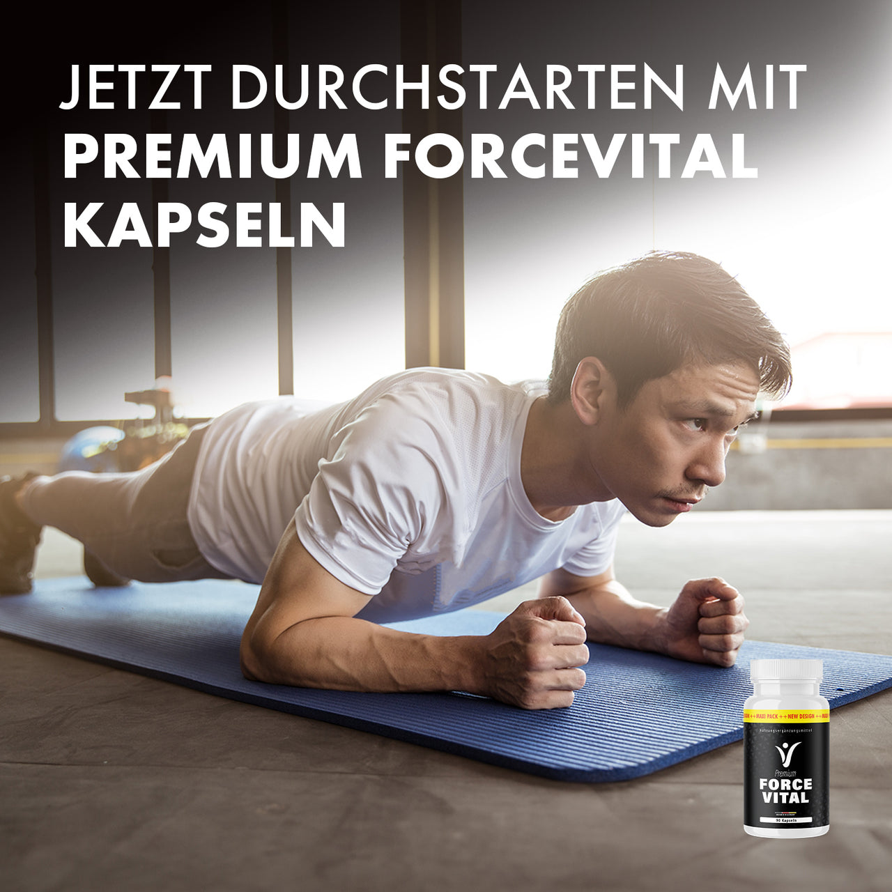 Mann beim Training neben Force Vital Premium Dose mit Schrift Jetzt durchstarten
