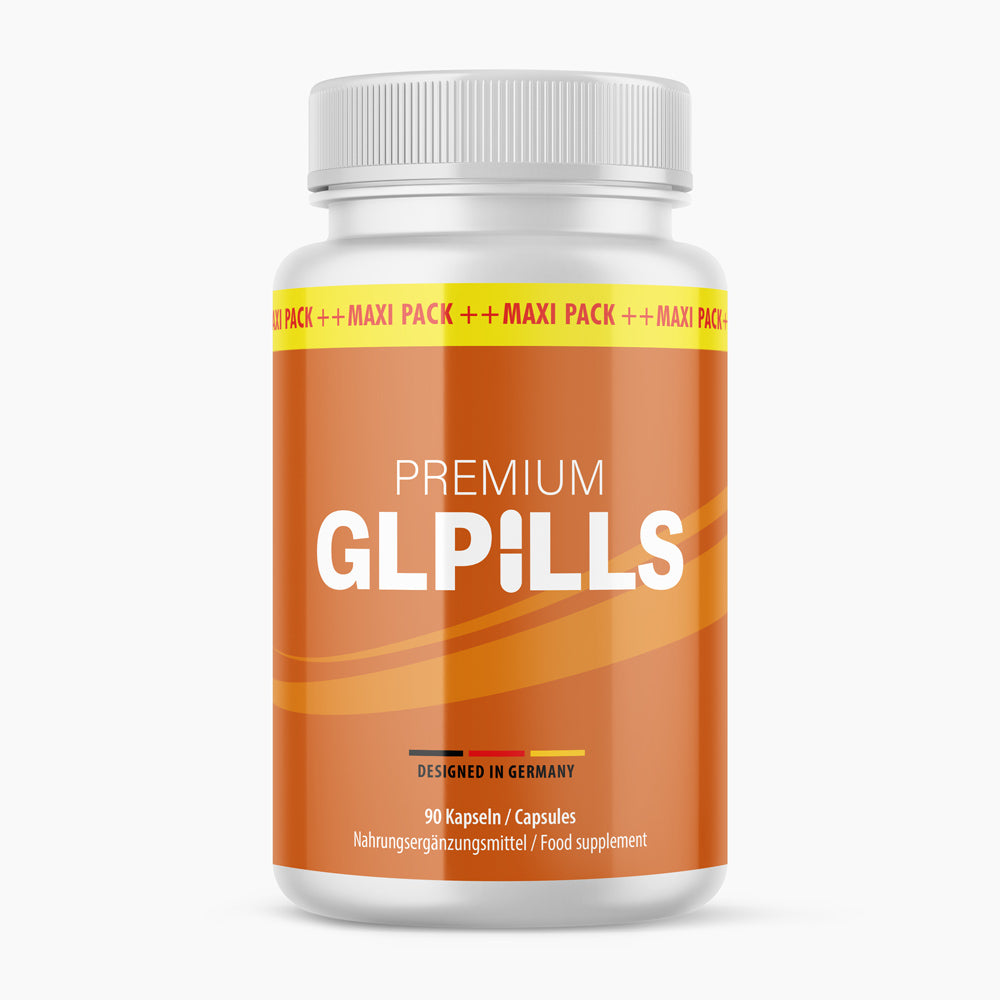 Weiße Kunststoffdose Premium GLPills mit orangefarbenem Etikett und 90 Kapseln