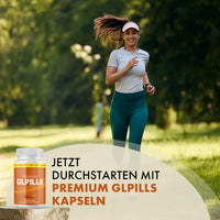 Thumbnail for Premium GLPills Kapseln neben joggender Frau im Grünen mit Schrift Jetzt durchstarten