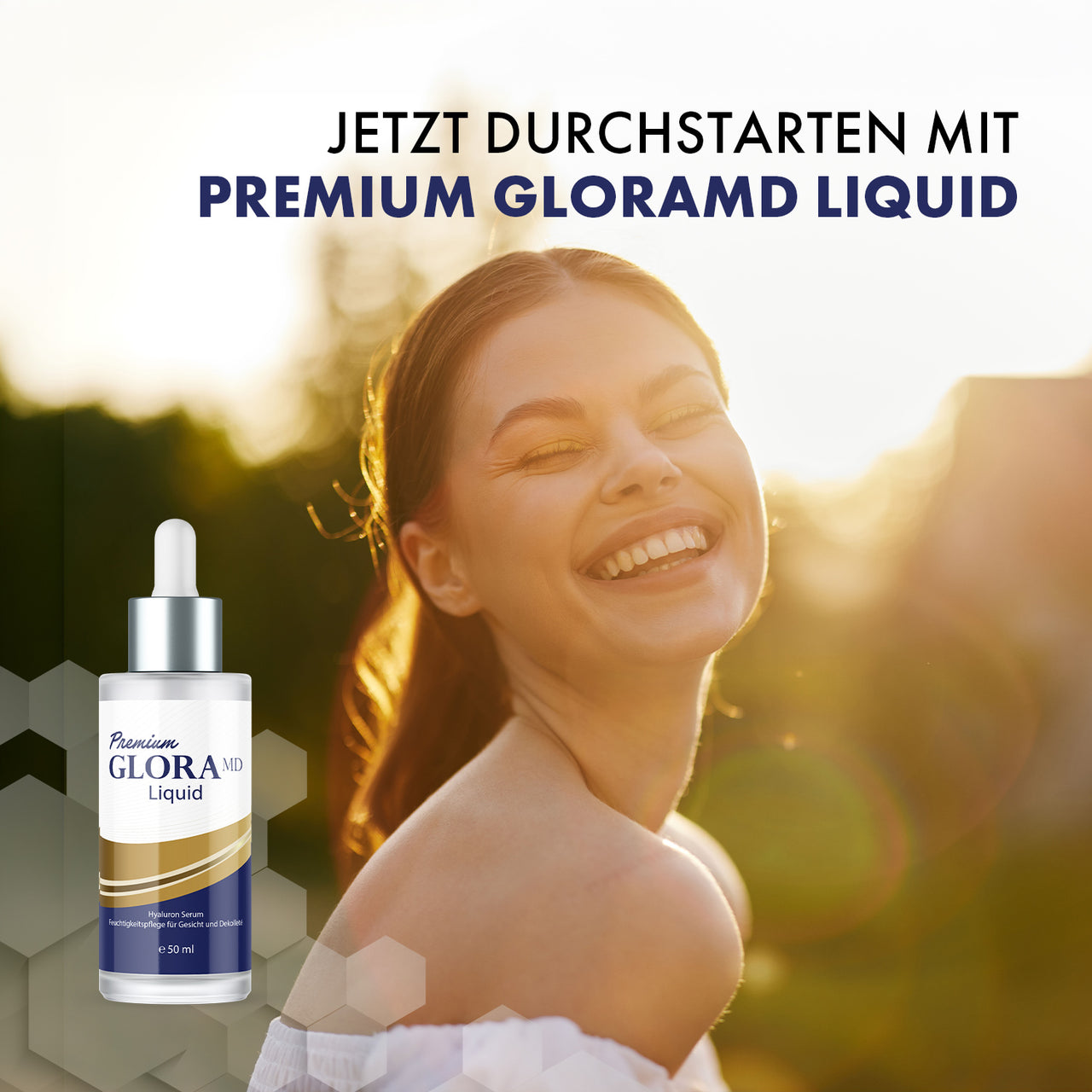 Frau im Sonnenlicht neben Premium Glora MD Liquid Flasche mit Pipette und 50 ml