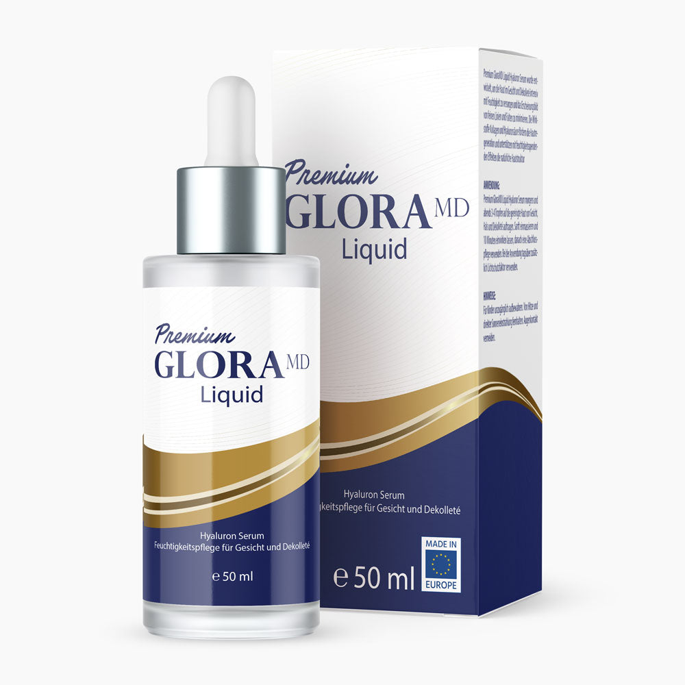 Flasche mit Pipette Premium Glora MD Liquid 50 ml vor passender Faltschachtel