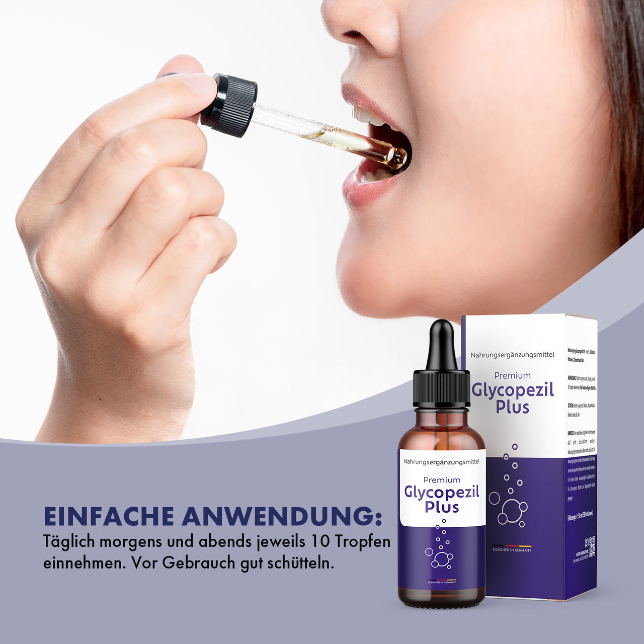 Person nimmt Glycopezil Plus Tropfen mit Pipette ein, daneben Dose, Umkarton und Dosierhinweis