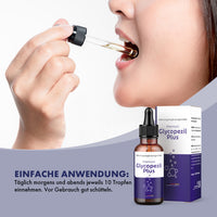 Thumbnail for Person nimmt Glycopezil Plus Tropfen mit Pipette ein, daneben Dose, Umkarton und Dosierhinweis