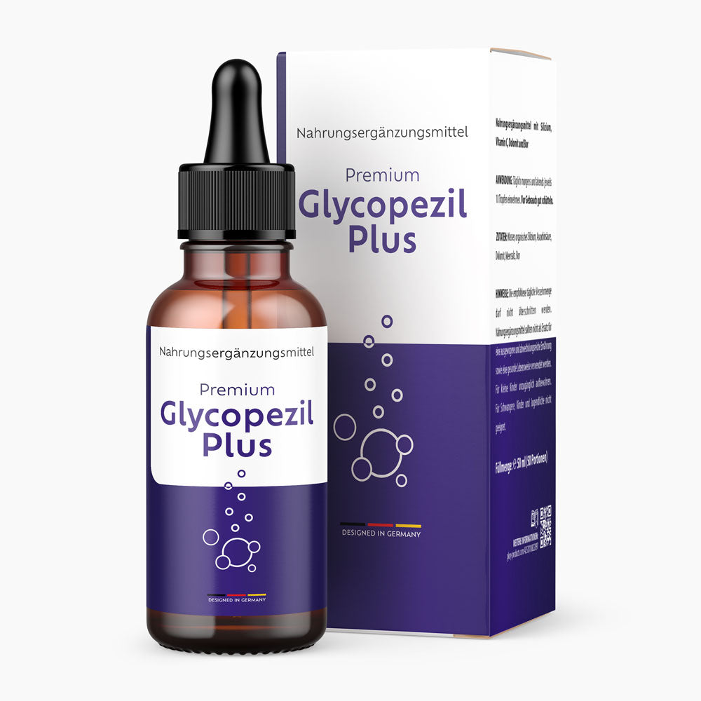 Glycopezil Plus Dose mit Pipette vor passender Verpackung, weiß-violettes Etikett