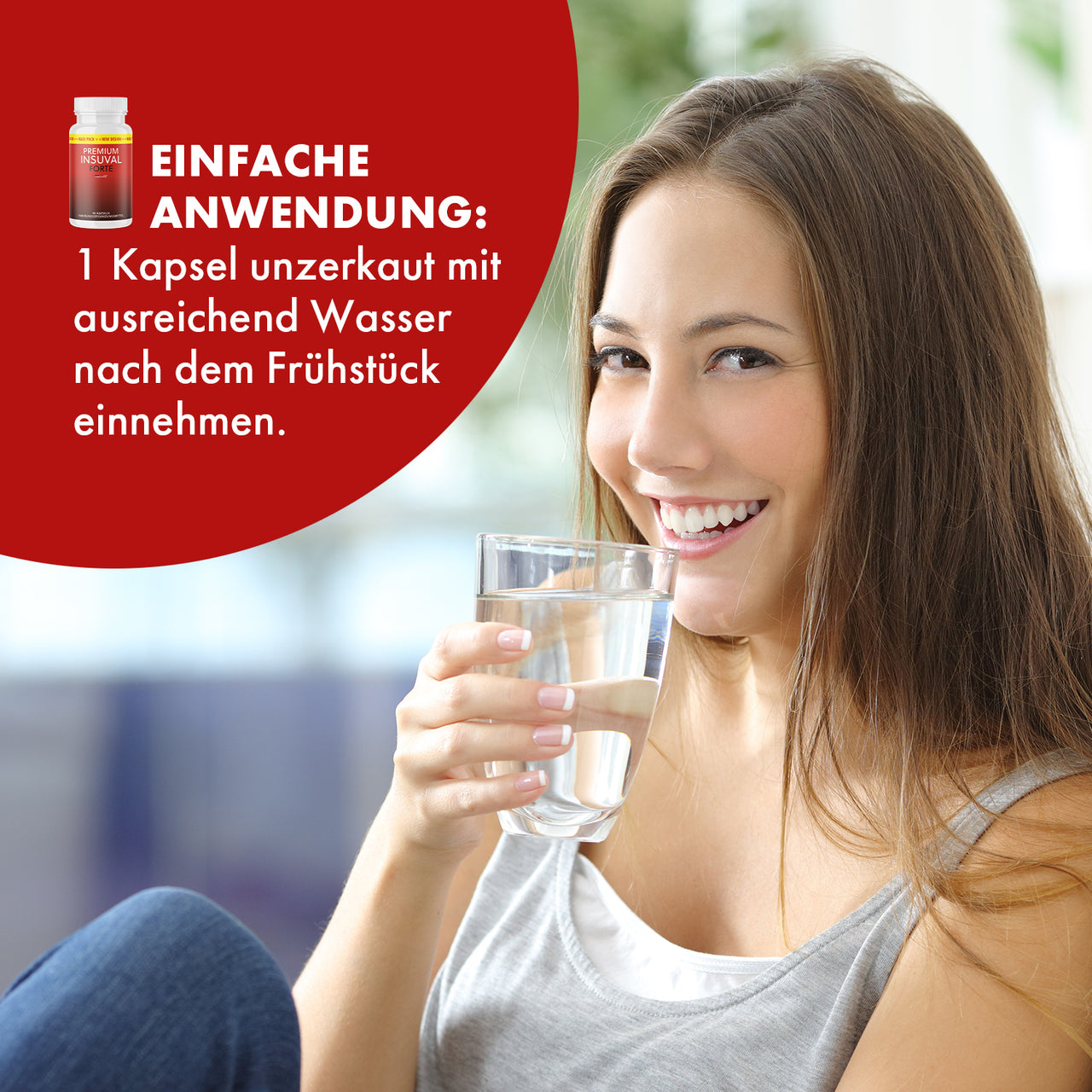 Frau mit Wasserglas, rotem Infobereich und Hinweis zu 1 Kapsel nach dem Frühstück sichtbar
