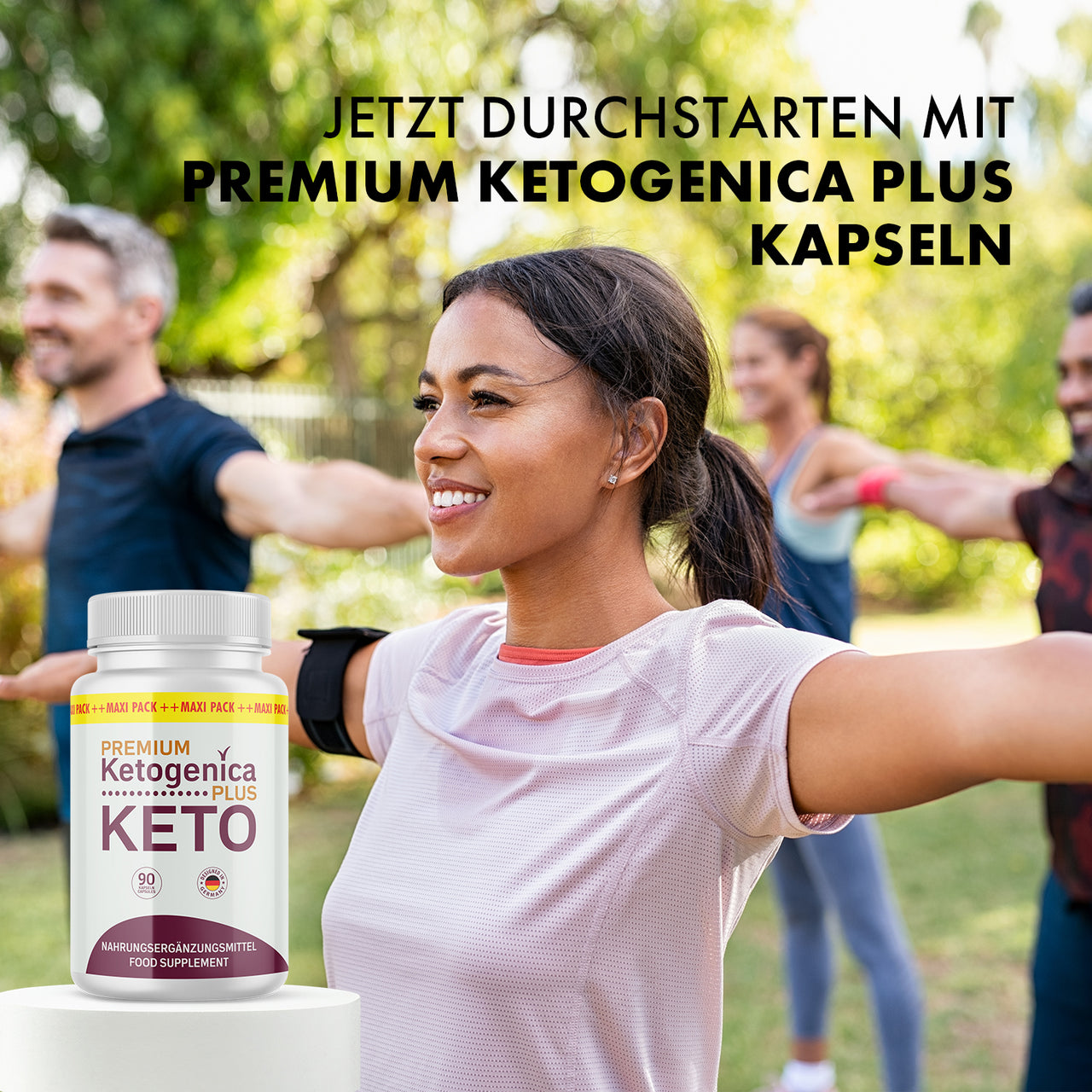 Menschen trainieren draußen, links die Premium Ketogenica Plus Keto Nahrungsergänzungsmittel Dose