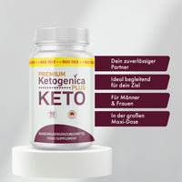 Thumbnail for Weiße Dose Premium Ketogenica Plus Keto auf Podest mit vier Produktvorteilen rechts im Bild