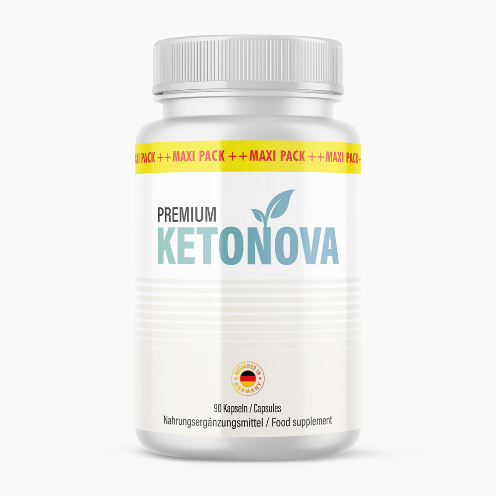 Premium Ketonova Dose als Nahrungsergänzungsmittel, mit gelbem Streifen und 90 Kapseln vorn