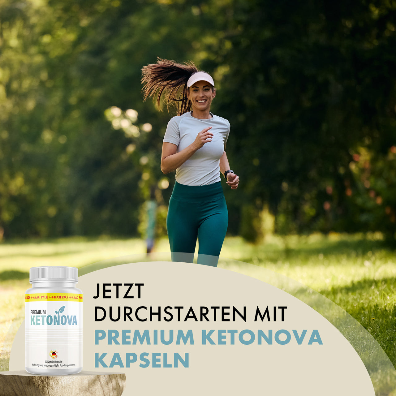Joggende Frau im Park, links weiße Premium Ketonova Dose und Text zu Premium Ketonova Kapseln