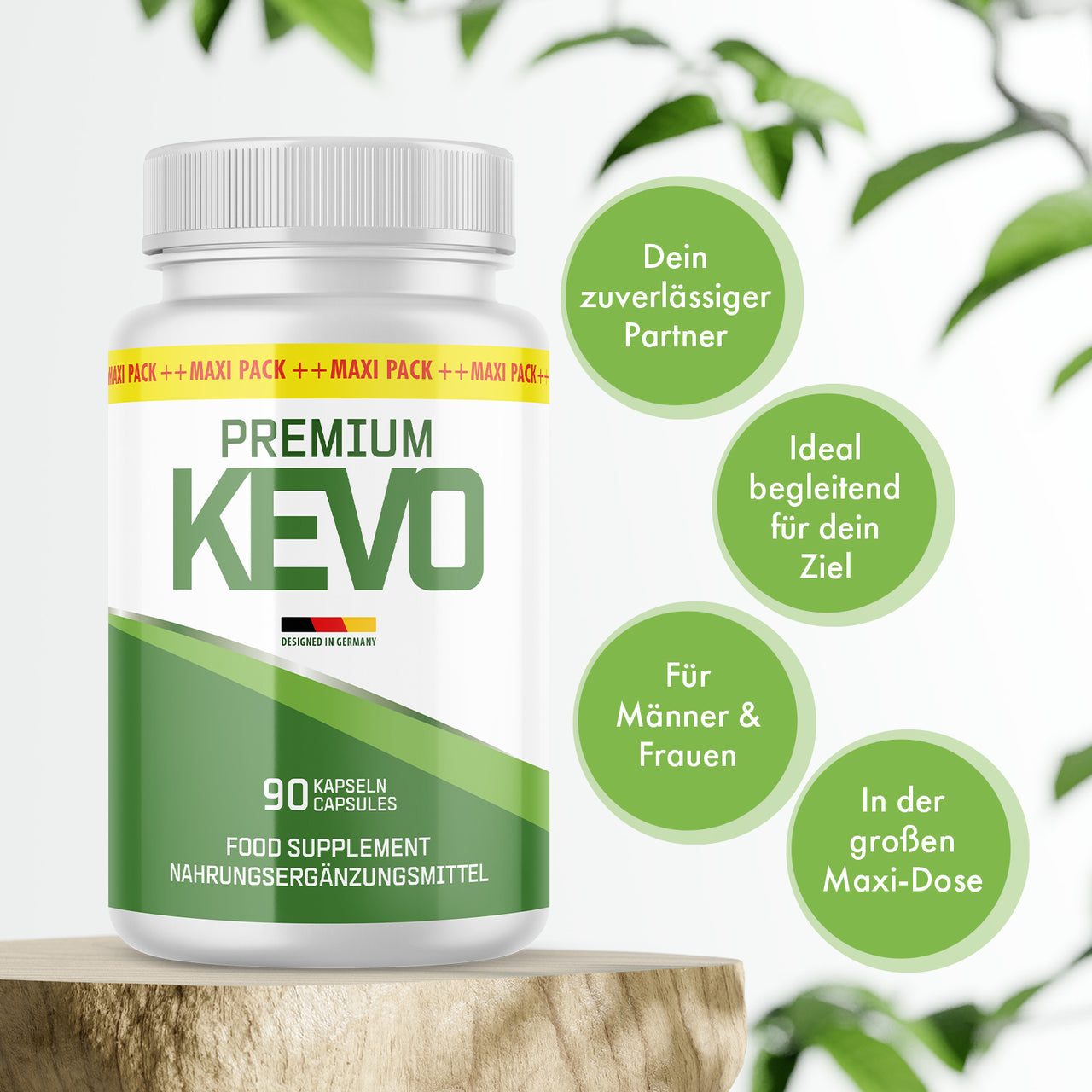 Weiße Premium-Kevo-Dose mit 90 Kapseln neben vier großen grünen Infokreisen mit Produktmerkmalen